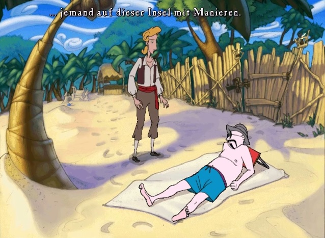 Guybrush steht am Strand neben Blassido Domingo und unterhält sich mit ihm