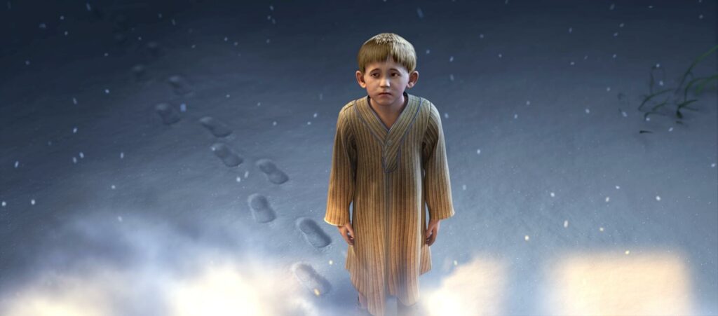 Pasion of Arts: Der Polarexpress: Der kleine Junge steht im Nachthemd im Schnee. Er hat eine Spur von Fußstapfen hinterlassen