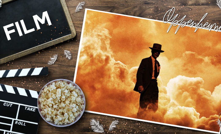 Titelbild zu Oppenheimer – Filmkritik: Darauf ist Oppenheimer in einer Atombombenwolke zu sehen. Auf der linken Seite ist eine Filmklappe, eine Schüssel mit Popcorn und eine Tafel auf der "Film" seht, abgebildet