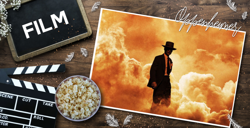 Titelbild zu Oppenheimer – Filmkritik: Darauf ist Oppenheimer in einer Atombombenwolke zu sehen. Auf der linken Seite ist eine Filmklappe, eine Schüssel mit Popcorn und eine Tafel auf der "Film" seht, abgebildet