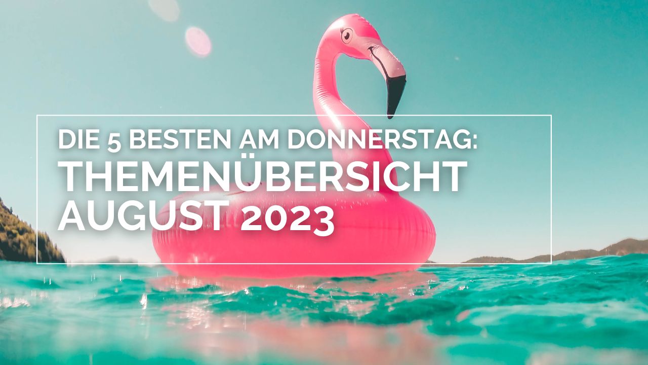 Themenübersicht August 2023: Das Bild zeigt einen pinken Flamingo Schwimmreifen, der auf dem Wasser treibt