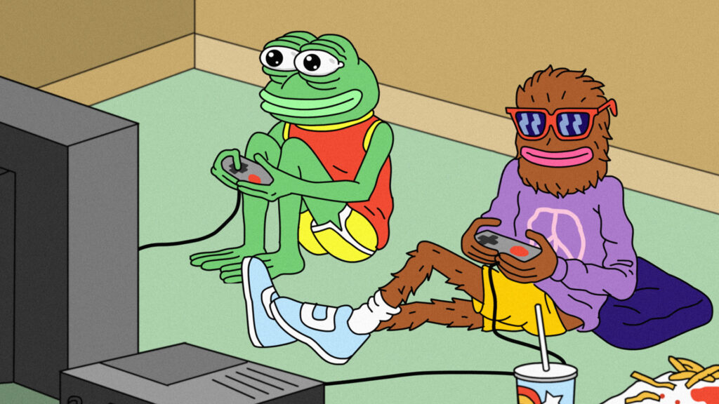 Feels Good Man: Pepe und Landwolf sitzen auf dem Boden vor dem Fernseher und zocken mit Controllern ein Game. Rechts unten liegen Reste von Fastfood