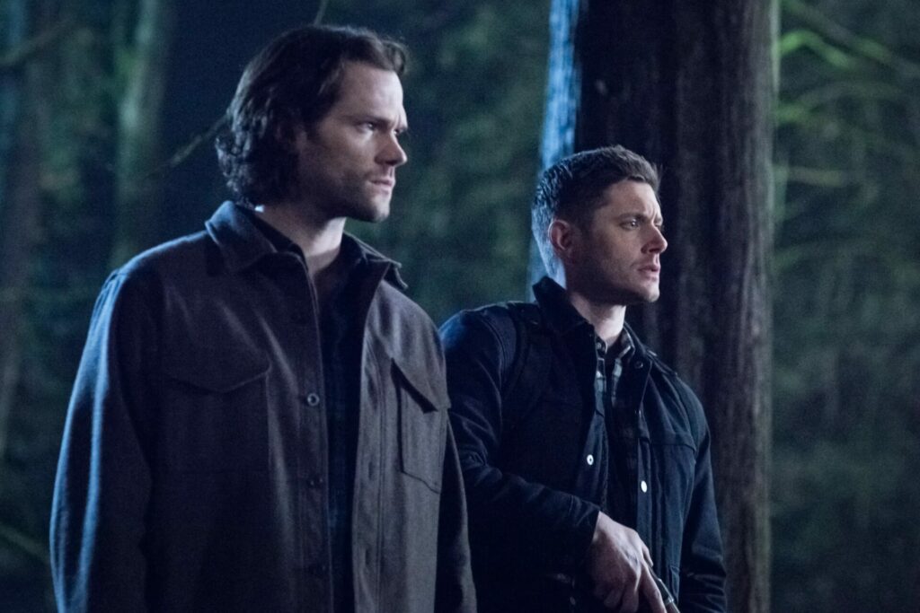 Das Bild zeigt die Winchester Brüder aus Supernatural, die in einem Wald stehen und sich kampfbereit machen.