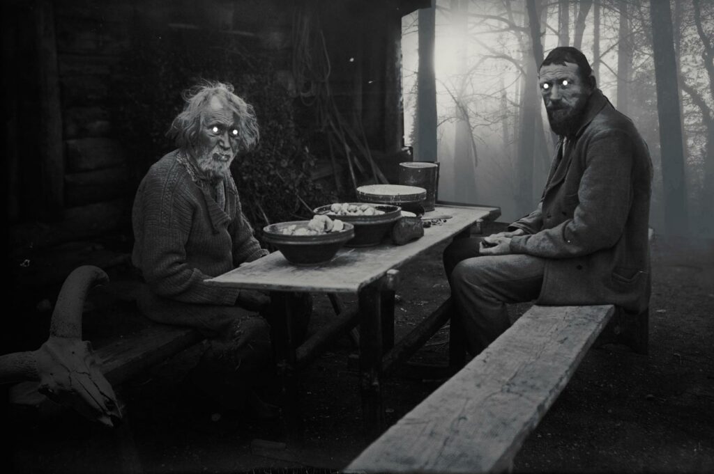 November - Filmkritik: An einer Hütte stehen zwei Bänke und ein hölzerner Tisch. Auf der einen Bank liegt ein Totenschädel eines Ziegenbocks. Neben dem Schädel sitzt ein alter Mann mit wirrem Haar. Ihm gegenüber sitzt ein anderer Mann mit dunklen Haaren. Beide haben dämonisches Leuchten in den Augen. Vor ihnen auf dem Tisch stehen drei Schüsseln mit Kartoffeln