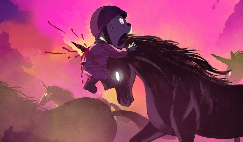 Biopics und Animation: Auf dem Bild sind rennende Einhörner abgebildet. Eines davon spießt mit seinem Horn einen Bären mit einem Kriegshelm auf