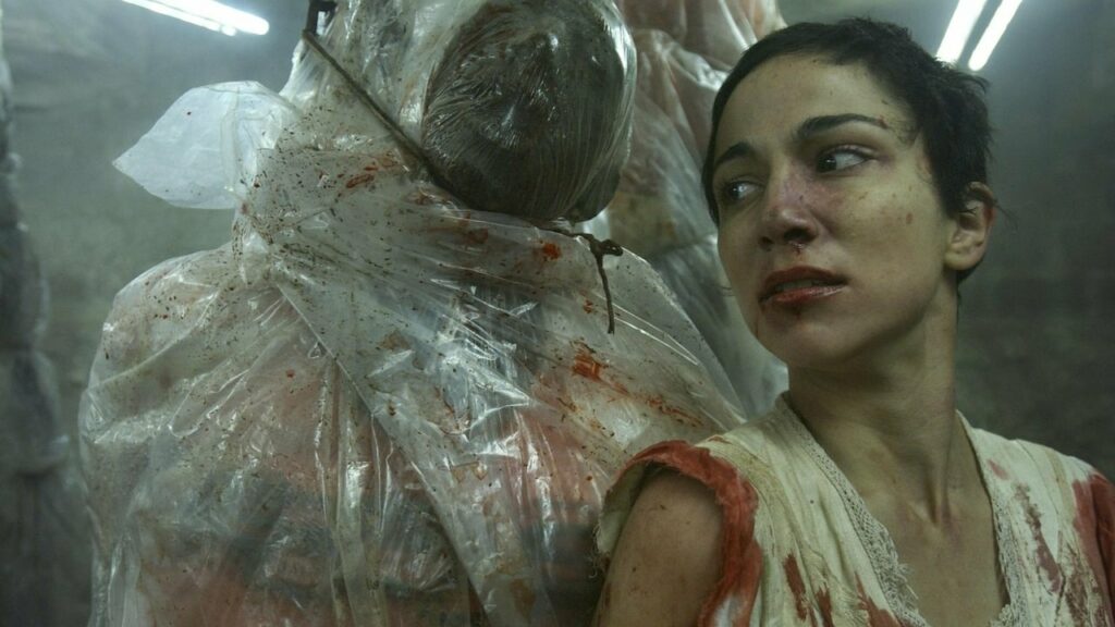 Deutscher und französischer Film: Auf dem Bild ist eine Blut verschmierte Frau abgebildet, die über die Schulter blickt. Hinter ihr sind Leichen in Müllsäcken verpackt und hängen an Fleischerhaken