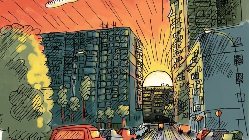 Trash & Heavy Metal: Das Bild zeigt eine gemalte Stadt mit vielen Autos und Wolkenkratzern. Hinten am Horizont sieht man die Sonne unter gehen