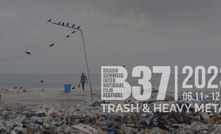 Trash & Heavy Metal: Auf dem Bild sind Müllberge am Strand. Auf einer Stange sitzen ein paar Vögel. Ein einsamer Mensch geht mit der Schaufel in der Hand den Strand ab und sammelt Müll. Vor ihm ist eine blaue Tonne