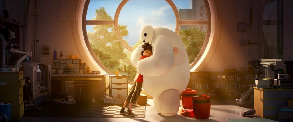 Die besten animierten Filme für die ganze Familie: Auf dem Bild umarmt ein Junge einen großen weißen Roboter. Beide stehen vor einem runden Fenster in eine Zimmer mit Schreibtisch und vielen Büchern
