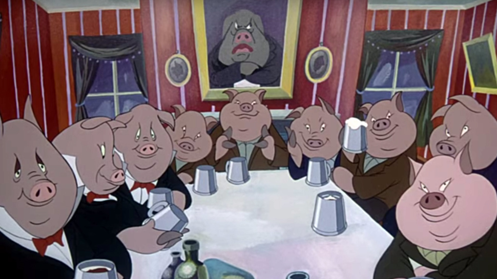 Fragen zum Thema Film, Cinema und Genres: Auf dem Bild sitzen Schweine in Anzügen an einem großen, runden Tisch und trinken Bier aus silbernen Krügen. Hinten an der Wand hängt ein Gemälde eines Schweins, das grimmig schaut und die Arme verschränkt. Die Schweine sehen sehr siegessicher aus