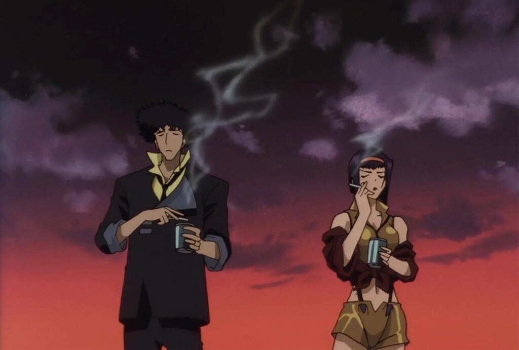Die besten Animations- und Zeichentrickserien : Das Bild zeigt einen Mann und eine Frau. Beide stehen vor einem Himmel der einen Sonnenuntergang ankündigt. Sie rauchen und haben jeweils einen Metallbecher in der Hand
