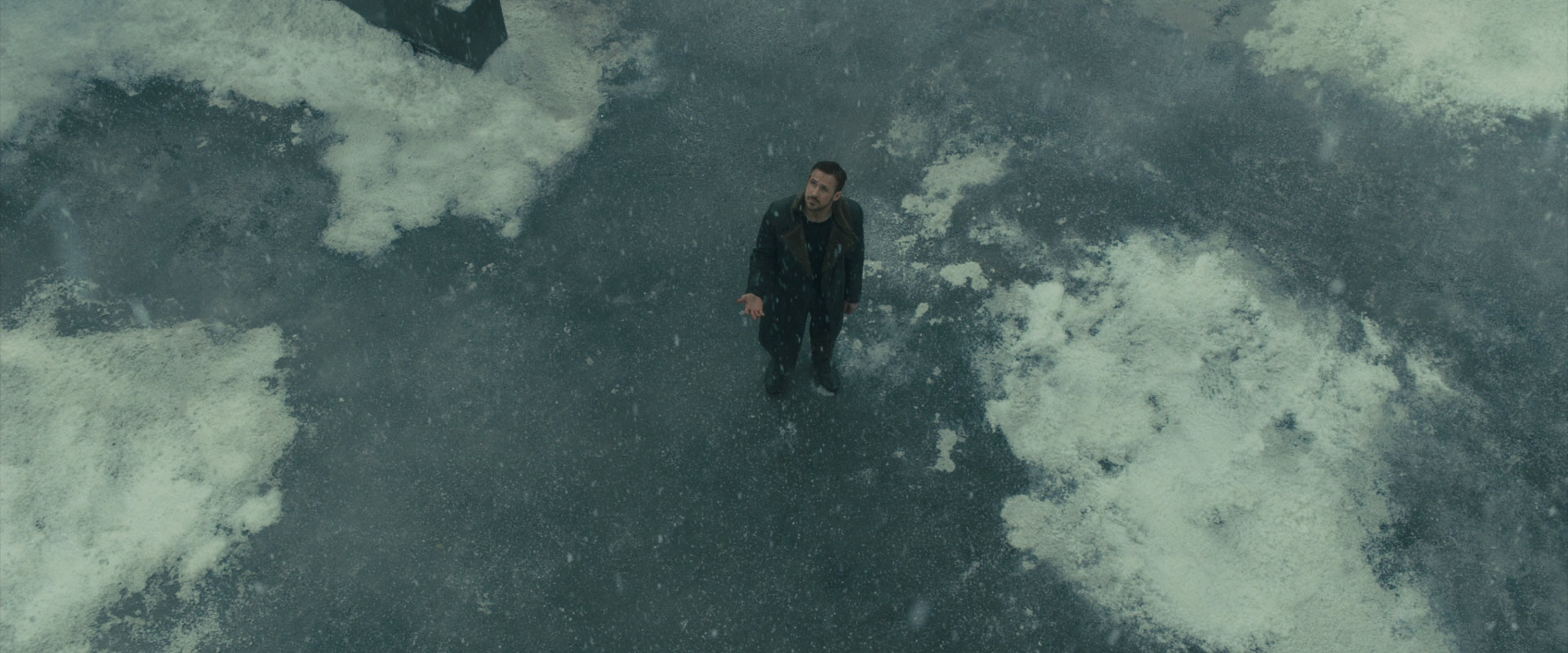 Blade Runner 2049: Das Bild zeigt einen Mann, der auf einer Eisplatte steht, die ein paar Schneehaufen hat. Er blickt nach oben und hält die Hand auf, auf der sich der Schnee legt