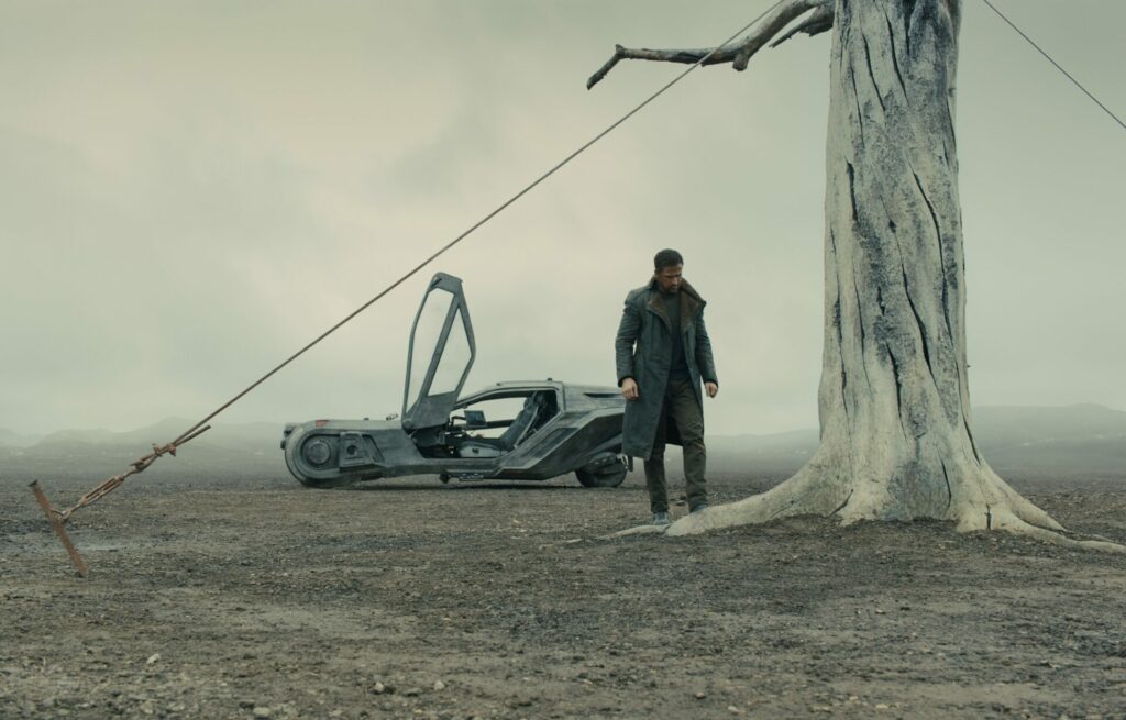 Das Bild zeigt einen toten Baum, der mit Drähten am Boden befestigt ist, damit er nicht umfällt. Vor ihm steht ein Mann im dunkelgrünen Mantel, der auf die Erde blickt. Im Hintergrund ist ein futuristisches Auto mit offener Tür | Passion of Arts