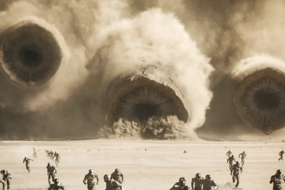 Dune Part Two: Auf dem Bild sind riesige Sandwürmer, die sich im Sand voran pirschen. Vor ihnen laufen Menschen davon