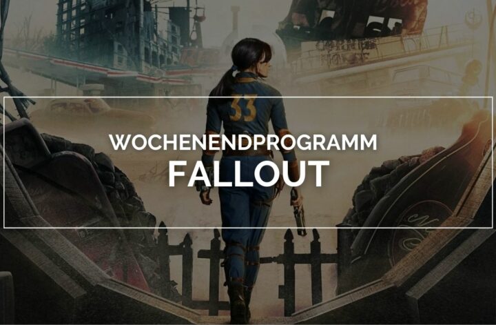 Fallout: Auf dem Bild ist eine Frau in einem blauen Overall mit der Nummer 33 auf dem Rücken, Sie trägt eine Waffe in der rechten Hand und geht durch einen runden Ausgang in eine zerstörte Umgebung