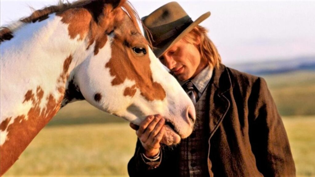 Top 5 Western Filme: Das Bild zeigt einen Cowboy, der zärtlich sein Gesicht an das seines Pferdes schmiegt