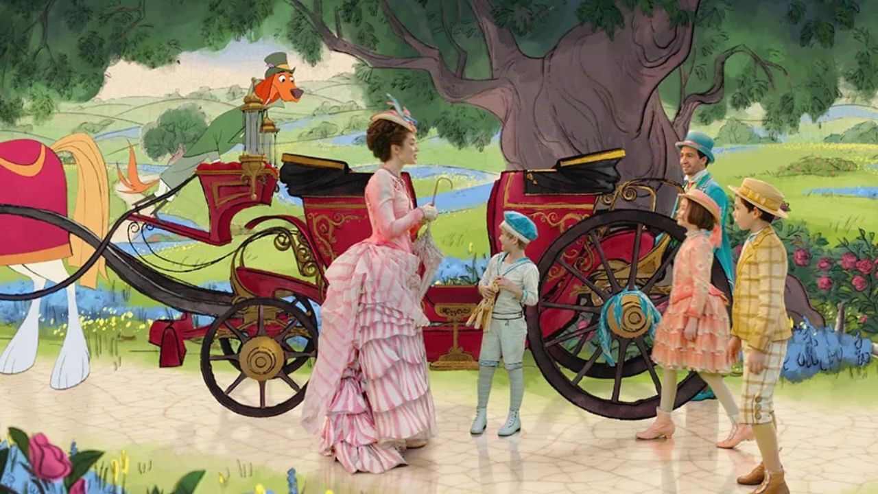 Das Bild zeigt eine Frau mit drei Kindern und einem Mann. Sie tragen edle Kleider und stehen vor einer Kutsche, die komplett gezeichnet ist. Dahinter ist ebenso in Zeichentrick ein Baum, ein Pferd, das die Kutsche zieht und ein Hund mit Hut