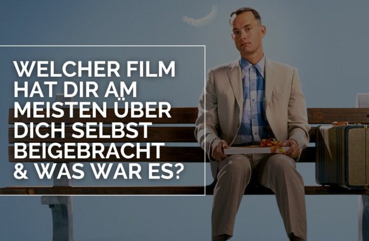 Forrest Gump: Das Bild zeigt einen Mann, der auf einer Parkbank sitzt, auf dem Schoß eine Schachtel Pralinen und einen Koffer neben sich.