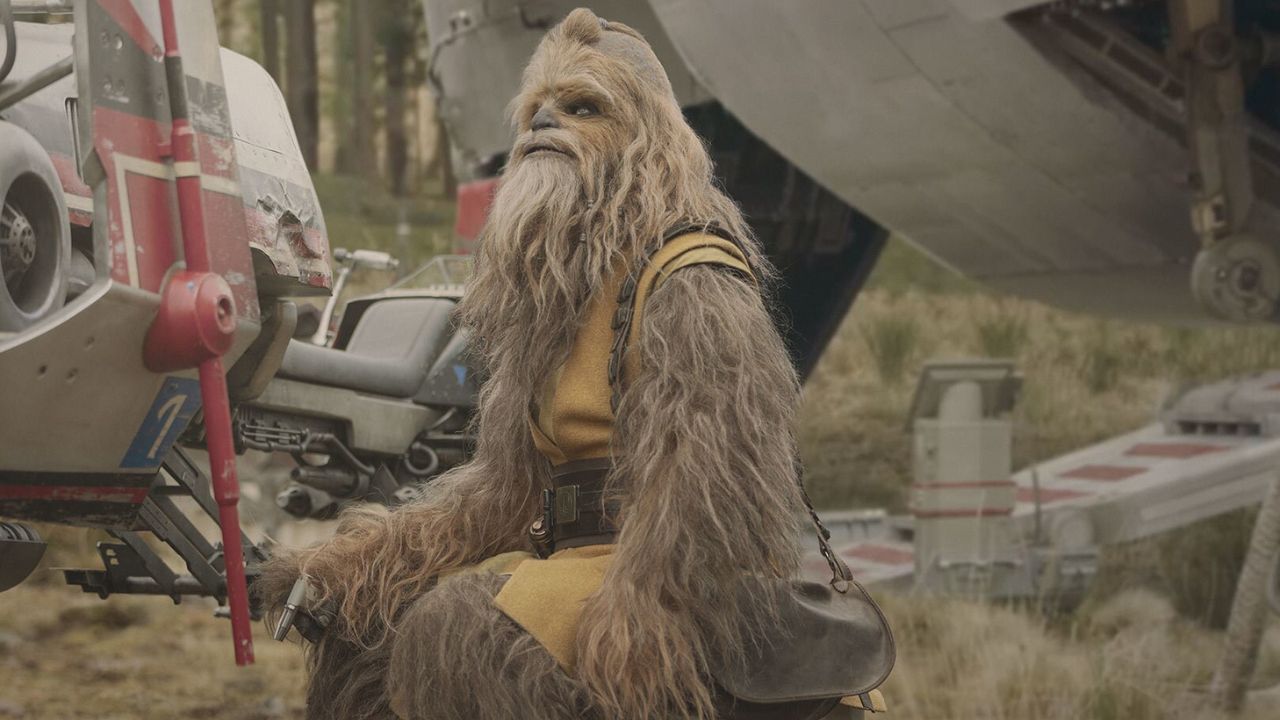 Das Bild zeigt einen Wookiee, der vor einer geöffneten Flugzeugluke sitzt