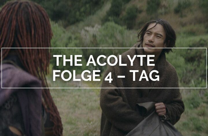 The Acolyte Episode 4: The Acolyte Episode 4: Das Bild zeigt einen Mann im braunen Umhang, der einen Sack vor sich trägt aus dem er gerade etwas greifen möchte. Vor ihm steht eine Frau im lila Gewand, mit dem Rücken zu uns. In der Mitte ist der Schriftzug "The Acolyte Folge 4 - Tag" in einem Rahmen zu lesen