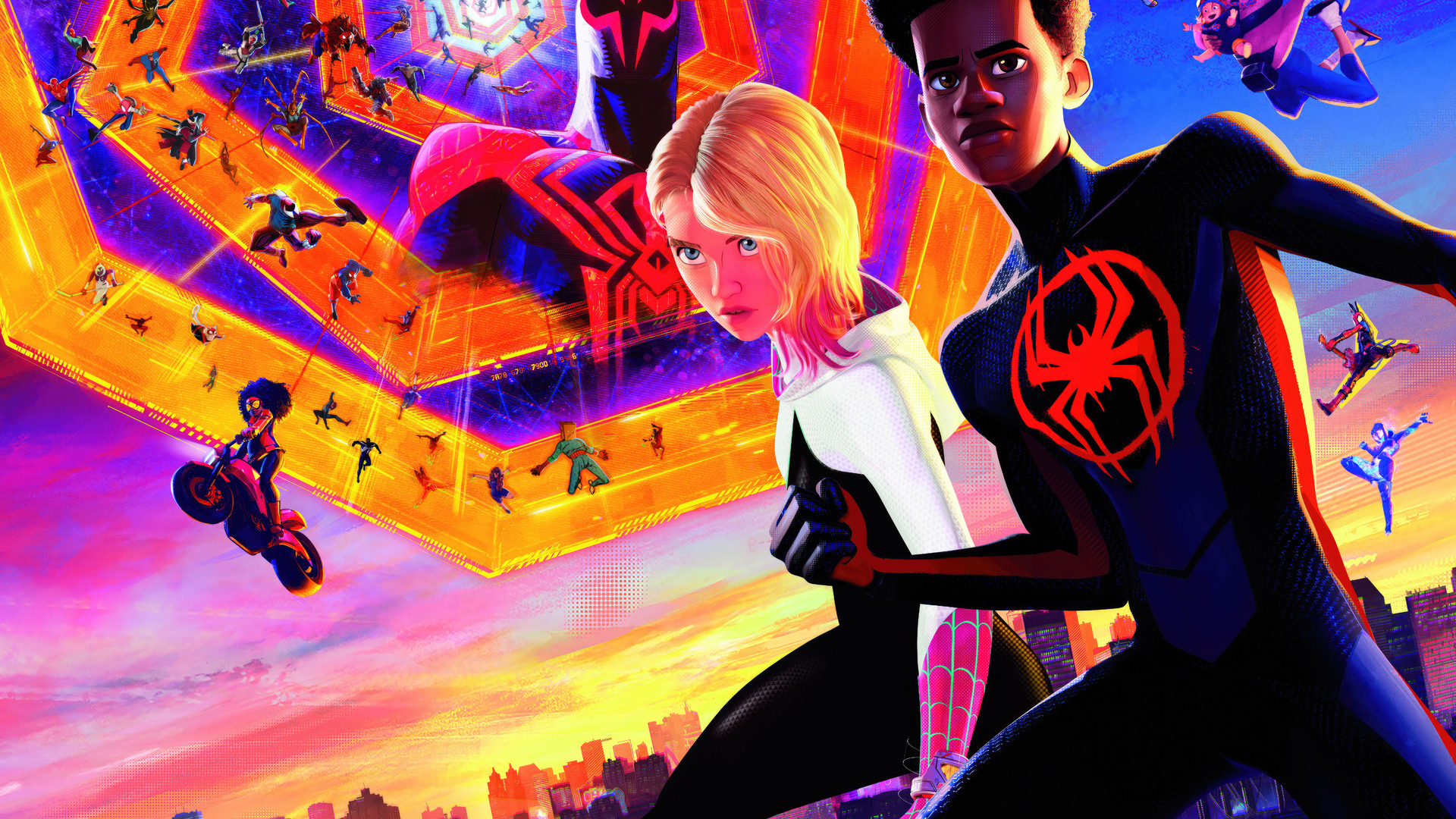 Miles Morales und Gwen Stacy, im Hintergrund verschiedene Figuren des Spider-Verse