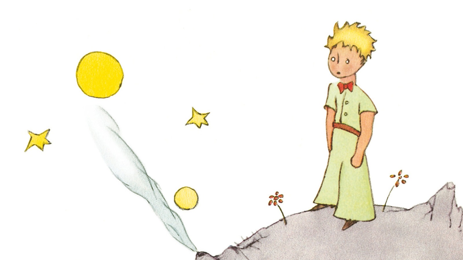 Der kleine Prinz: Auf dem Bild ist ein blonder Junge zu sehen, der auf einem Planeten steht auf dem Blumen wachsen. Im Hintergrund sind zwei Monde und Sterne zu sehen | Die 5 liebsten Buch Charaktere