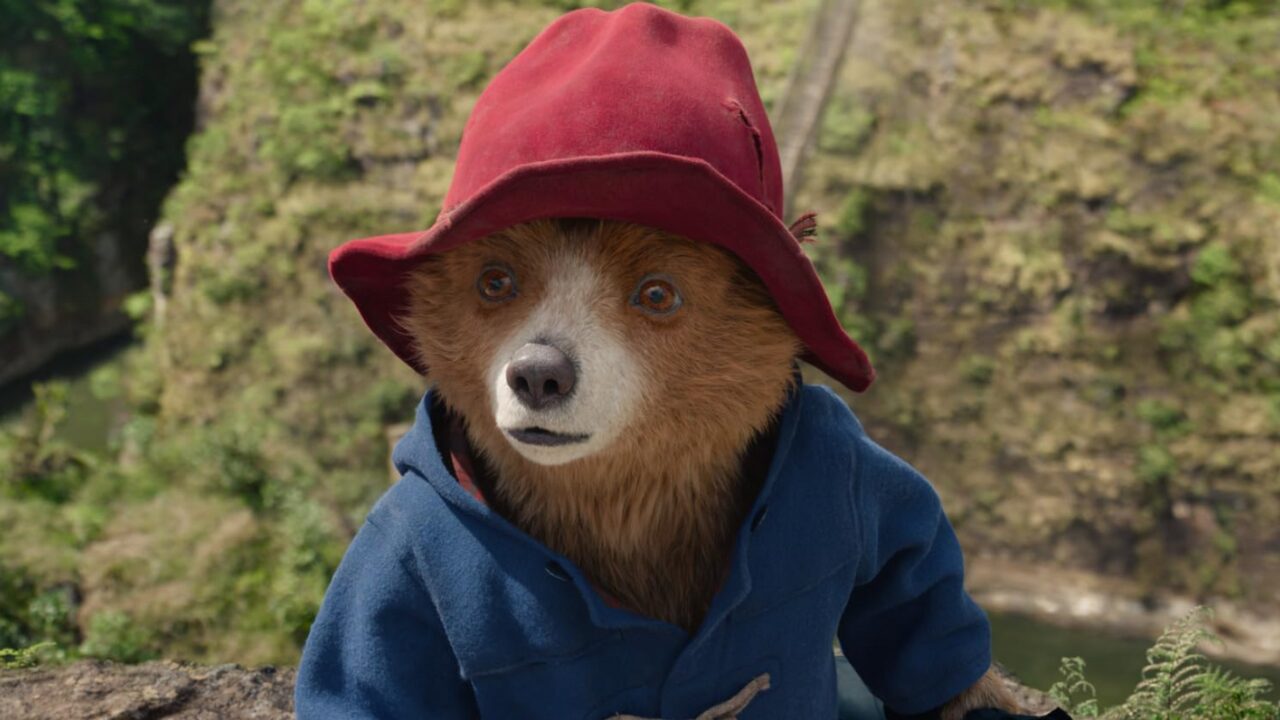 Paddington der Braunbär mit blauem Mantel und rotem Schlapphut.