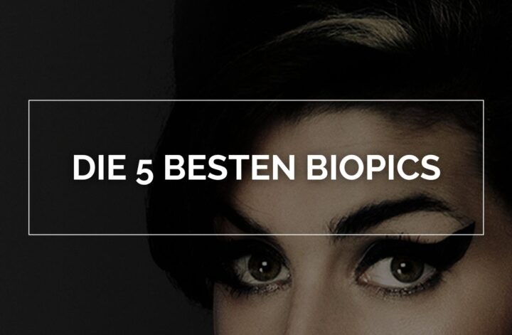 Das Bild zeigt Amy Winehouses Gesicht in Nahaufnahme. Ihre Augen füllen den unteren Rand des Bildes. Ihr markanter Lidschatten sticht sofort hervor. In der Mitte steht in weißen Lettern im weißen Rahmen "Die 5 besten Biopics"