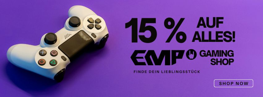 Ein Werbebanner für den EMP Gaming Shop. Im Vordergrund ist ein weißer Gaming-Controller auf einem lila Hintergrund zu sehen. Daneben steht in großer schwarzer Schrift „15 % AUF ALLES!“ und darunter „EMP GAMING SHOP“. Darunter befindet sich der Text „FINDE DEIN LIEBLINGSSTÜCK“. Unten rechts zeigt ein lila Button die Aufschrift „SHOP NOW“. Das Design ist farbenfroh und modern, ideal für den Gaming-Sale.