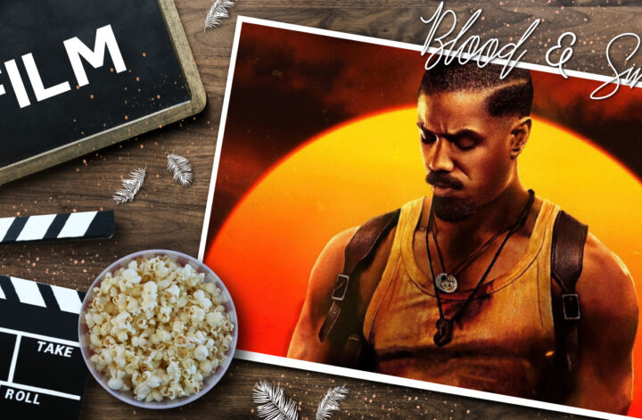Filmcollage mit einem dramatischen Porträt eines muskulösen Mannes vor einem glühenden Sonnenuntergang, vermutlich ein Filmszenenbild. Links im Bild eine Filmklappe, ein Schild mit der Aufschrift ‚FILM‘ und eine Schüssel Popcorn auf einem Holztisch mit dekorativen weißen Federn. Der Schriftzug ‚Blood & Sinners‘ ist in eleganter Handschrift über das Szenenbild gelegt.