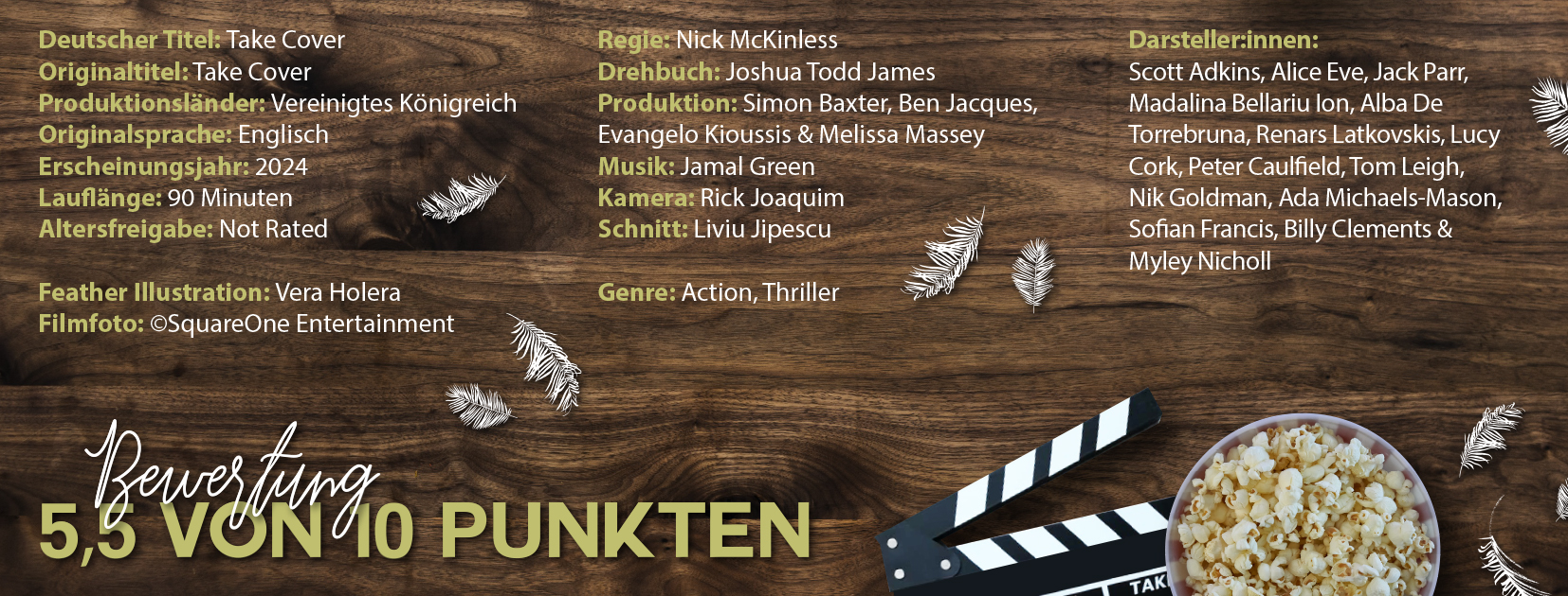 Ein Filmbewertungsbild für den Action-Thriller „Take Cover“. Der Hintergrund zeigt einen hölzernen Untergrund mit Popcorn und einer Filmklappe als dekorative Elemente. Das Bild enthält umfangreiche Informationen zum Film, darunter Titel, Erscheinungsjahr, Produktionsdetails, Genre und eine Bewertung von 5,5 von 10 Punkten. Neben den Filmcredits sind die Namen der Darsteller:innen und die technischen Beiträge wie Regie, Kamera und Schnitt vermerkt.