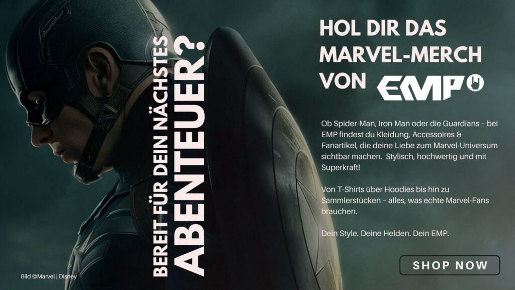 Das Bild ist eine Werbeanzeige zu Merchandise auf EMP zu Marvel. Abgebildet ist Captain America