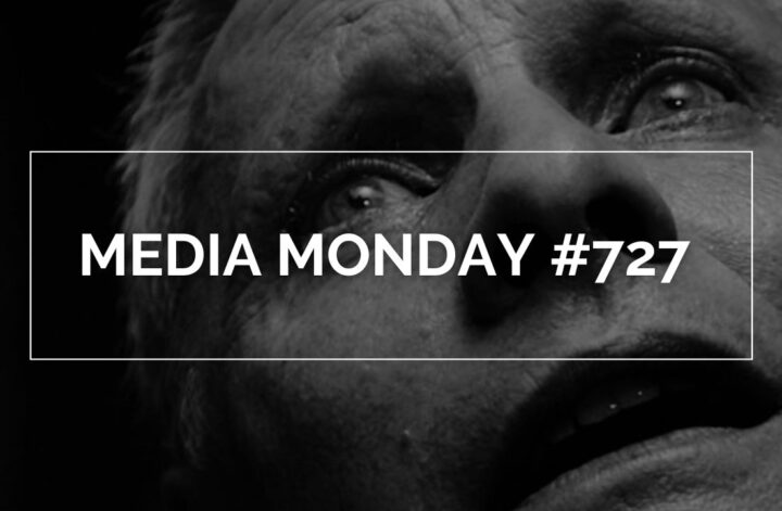 Das Bild zeigt die Nahaufnahme eines Gesichtes aus dem Film "Crimes of the Future". Mit weißen Lettern steht in einem weißen Rahmen "Media Monday #727"