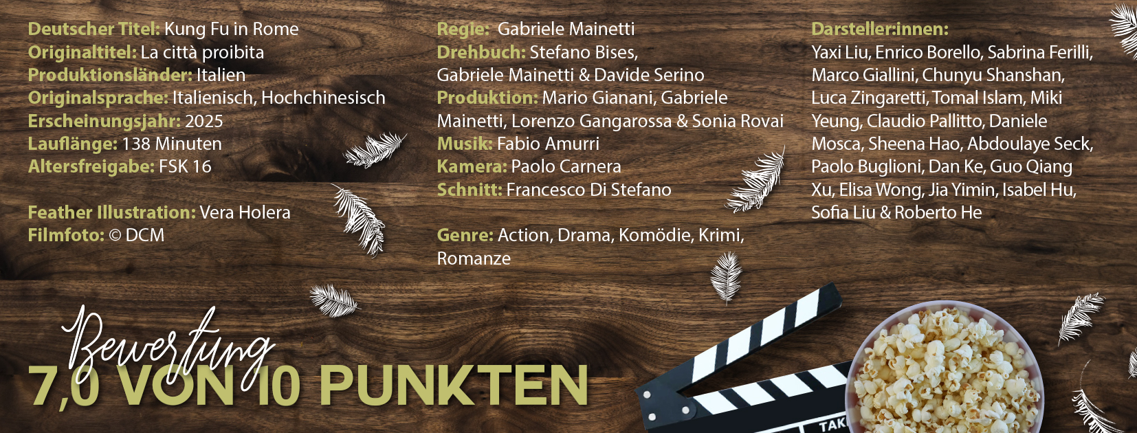 Das Bild listet den Cast und die Crew zum Film "Kung Fu in Rome" auf