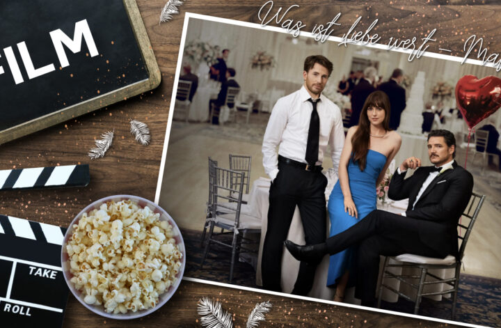 Collage mit Filmmotiv: Links ein schwarzes Schild mit der Aufschrift ‚FILM‘, eine Filmklappe und eine Schale Popcorn; rechts ein Foto von drei elegant gekleideten Personen bei einem festlichen Anlass, dekoriert mit rotem Herzballon und weißen Federn. Darüber steht in Schreibschrift ‚Was ist Liebe wert – Materialists‘.
