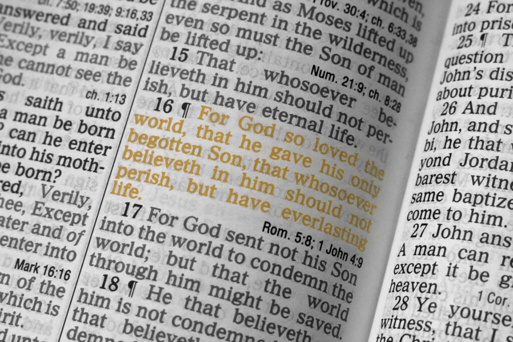 Das Bild zeigt das Zitat aus Johannes 3,16 aus der Bibel, das besagt, dass Gott die Welt geliebt hat und dafür seinen eigenen Sohn gab