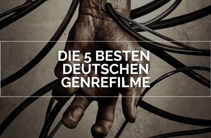 Eine menschliche Hand ist von schwarzen Kabeln und Schläuchen umschlungen, einige mit metallischen Steckverbindungen. Die Szene wirkt düster und beklemmend, unterstrichen durch den rauen, dunklen Hintergrund. Im Bild eingebettet ist ein weißer Rahmen mit dem Schriftzug „DIE 5 BESTEN DEUTSCHEN GENREFILME“. Die visuelle Komposition evoziert Themen wie Isolation, Technologie und Kontrollverlust – typisch für das Sci-Fi-Horror-Setting des Films Pandorum.