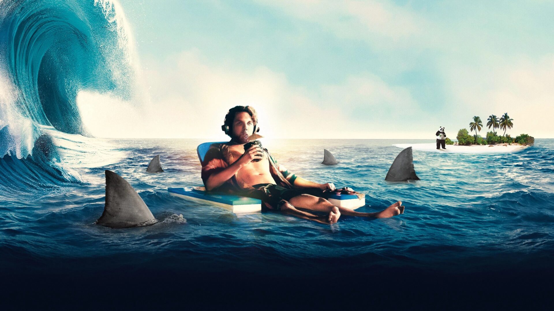 Ein Mann liegt entspannt auf einem schwimmenden Stuhl mitten im Ozean und trinkt lässig aus einem Glas, während mehrere Haiflossen bedrohlich nahe im Wasser auftauchen. Links türmt sich eine riesige Welle auf, rechts ist eine kleine tropische Insel zu sehen, auf der eine Person im Anzug mit Aktentasche steht – ein surrealer Kontrast zwischen Gelassenheit und Gefahr. Das Bild stammt aus der Dokumentation Die subtile Kunst des darauf Sheißens* und visualisiert humorvoll die Philosophie, nicht auf alles im Leben reagieren zu müssen. | Die Top 5 Bücher die es wert sind zu lesen