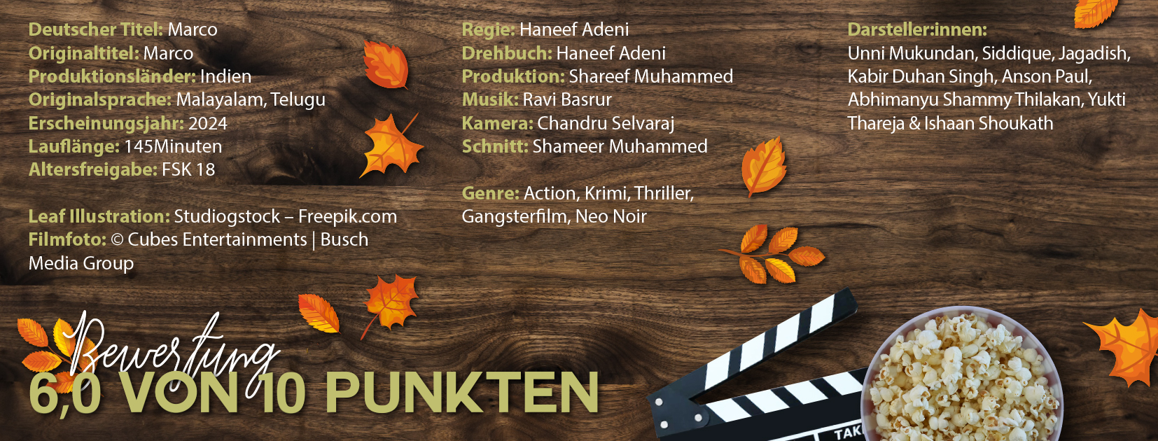 Das Bild listet den Cast und die Crew zum Film "Marco"