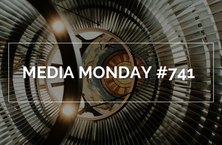 Ein kreisförmiges, metallisches Objekt mit konzentrischen Ringen und Lichtakzenten dominiert das Bild. In der Mitte befindet sich ein rundes Kunstwerk mit stilisierten Elementen und einem zentralen Lichtpunkt. Darüber liegt ein weißer Rahmen mit dem Schriftzug „MEDIA MONDAY #741“ in Großbuchstaben. Die Komposition wirkt symmetrisch, industriell und künstlerisch zugleich.