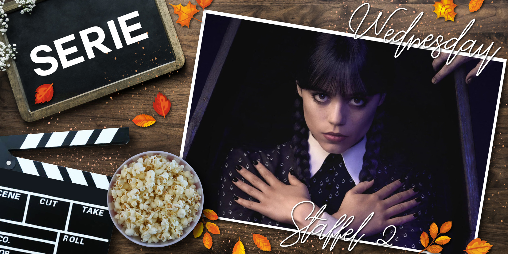 Das Bild repräsentiert das Titelbild zur Serienkritik zur 2. Staffel der Netflix Serie "Wednesday" mit Kenna Ortega