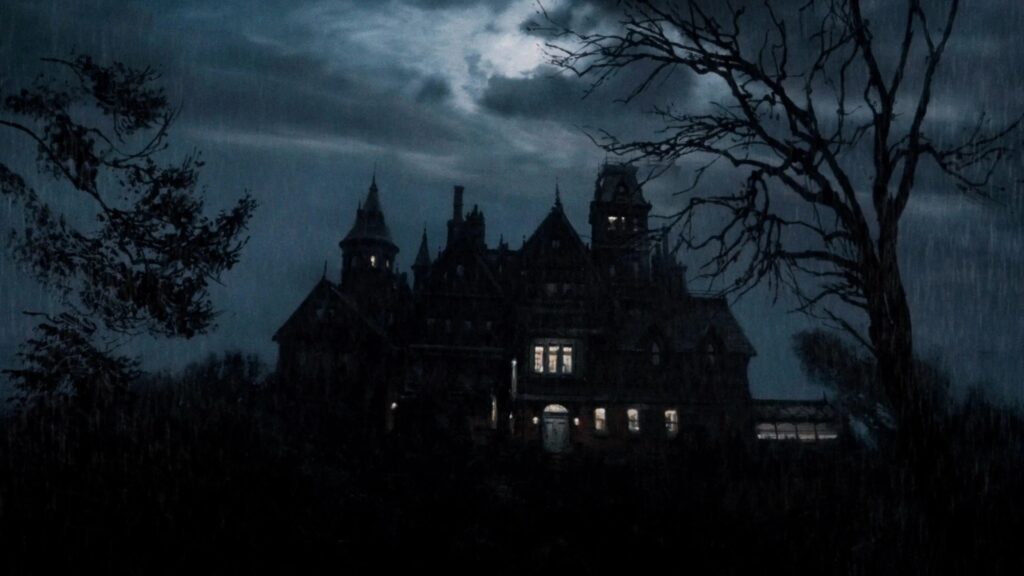 Ein großes Herrenhaus im Regen, die Fenster sind beleuchtet, im Vordergrund erkennt man die Umrisse von 2 Bäumen | Die 5 besten Halloween-Filme ohne Horror