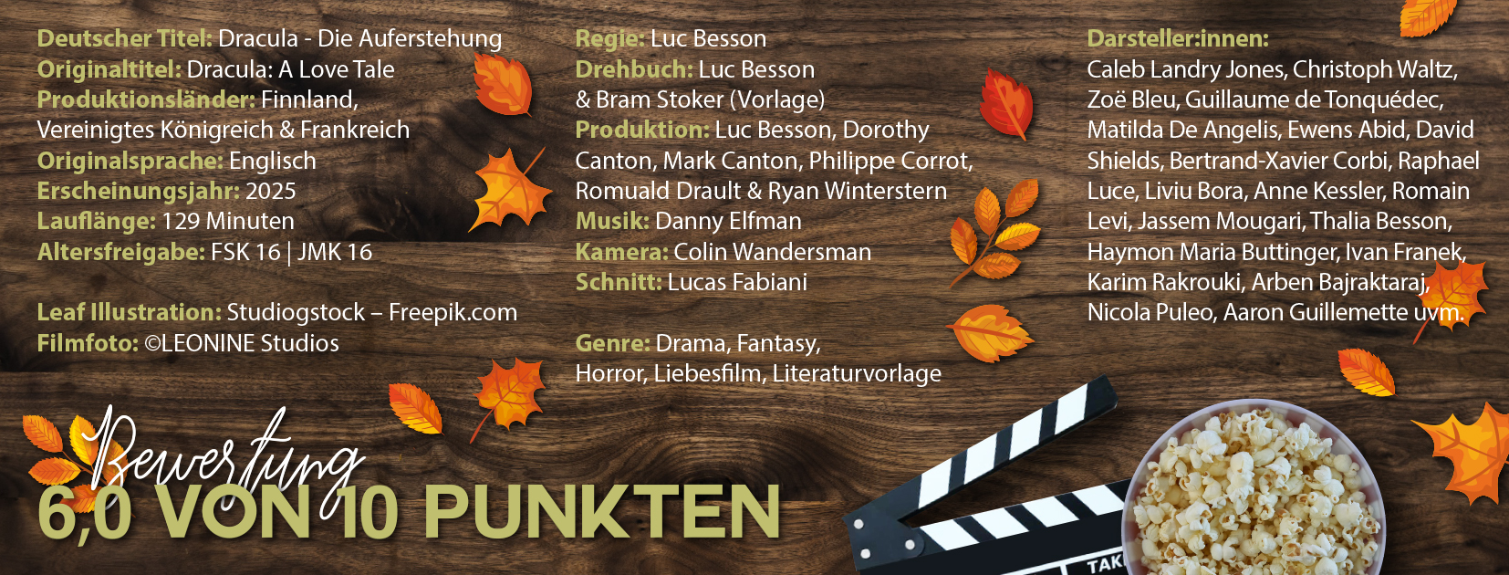 Das Bild listet den Cast und die Crew zum Film "Dracula - Die Auferstehung"