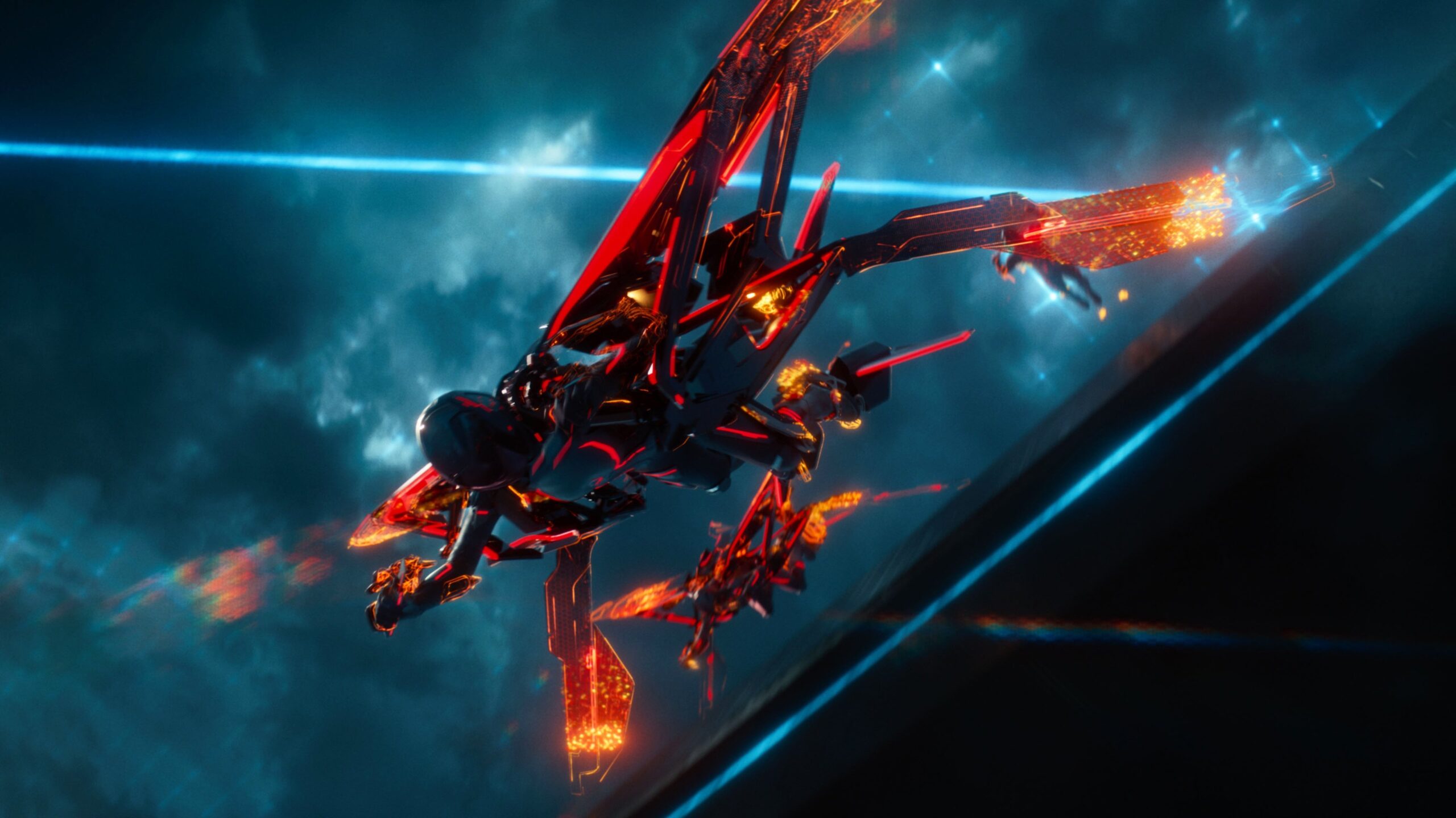 Ein rotes bemanntes Fluggerät in der Luft.