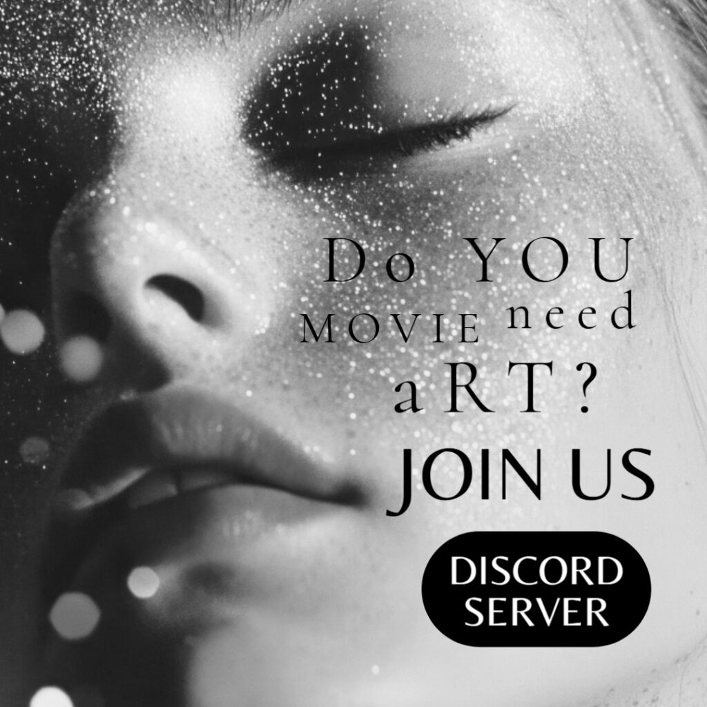 Nahaufnahme eines Gesichts mit geschlossenen Augen, überlagert von einem glitzernden, funkelnden Textur-Effekt. Die Gesichtszüge wirken entspannt und träumerisch, teils im Schatten liegend. Die Gesamtästhetik ist künstlerisch und ätherisch. Über dem Bild steht in verspielter englischer Typografie: „Do YOU MOVIE need aRT? JOIN IS DISCORD SERVER“ – ein kreativer, leicht surrealer Aufruf zur Teilnahme an einem Discord-Server für Kunst und Film.