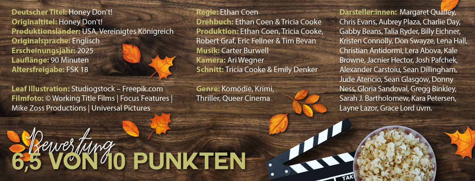 Das Bild listet den Cast und die Crew zum Film "Honey Don't!"