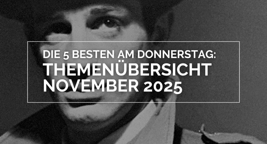 Das Bild zeigt Jean-Paul Belmondo im Film "Der Teufel mit der weißen Weste". Über seinem Gesicht steht in einem weißen Rahmen in weißen Lettern: Die 5 Besten am Donnerstag: Themenübersicht November 2025