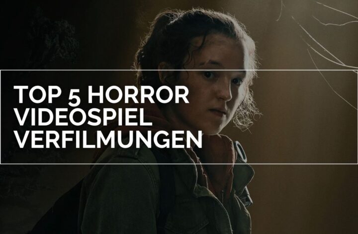 Das Bild zeigt Ellie Williams (gespielt von Bella Ramsey) aus der Serie "The Last of Us". Dabei steht in weißen Lettern in einem weißen Balken "Top 5 Horror Videospiel Verfilmungen"