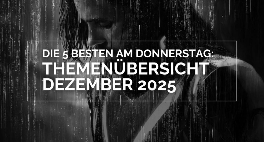 Das Bild zeigt Jared Leto in "Tron: Ares" in schwarz-weiß. Dazu steht in einem weißen Rahmen in weißen Lettern: Die 5 Besten am Donnerstag: Themenübersicht Dezember 2025
