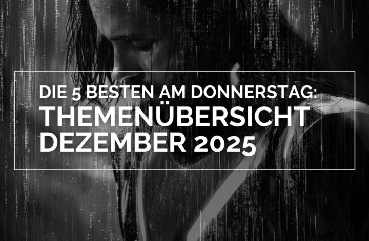 Das Bild zeigt Jared Leto in "Tron: Ares" in schwarz-weiß. Dazu steht in einem weißen Rahmen in weißen Lettern: Die 5 Besten am Donnerstag: Themenübersicht Dezember 2025